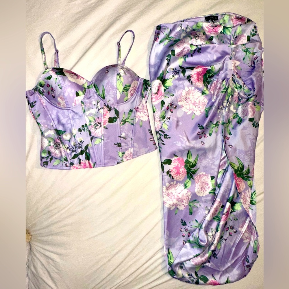 JLUXLABEL lilac floral Ivana bustier top (Large) & Emielle Satin Skirt (XL)